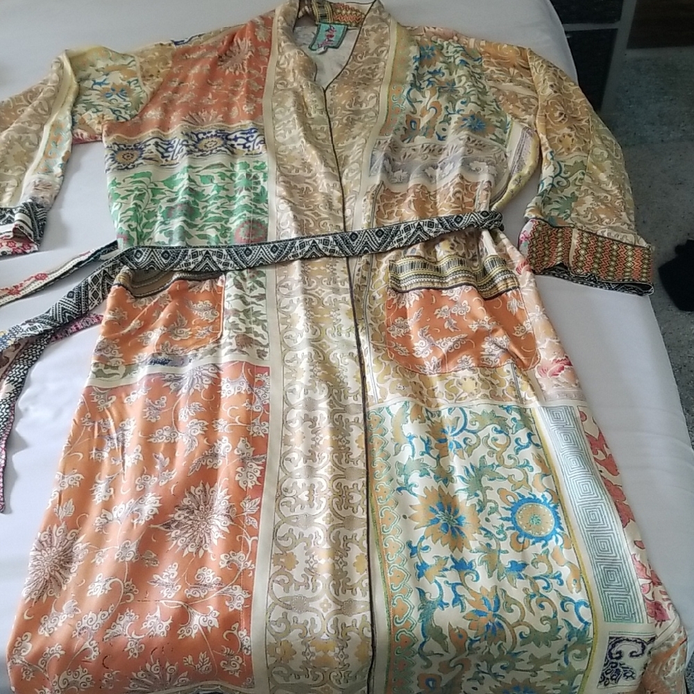 Johnny Was Colorful Patchwork Kimono Silk Wrap Robe Full Length Womens